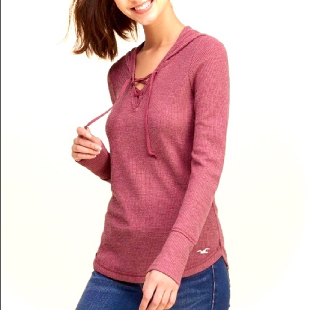 Hollister Pink Waffleknit Lace-Up Sweater Hoodie
